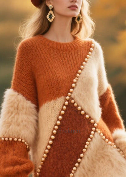 Caramel Patchwork Faux Fur Warm Knit Dress Oversized Nail Bead Winter