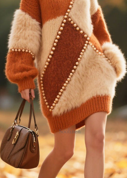 Caramel Patchwork Faux Fur Warm Knit Dress Oversized Nail Bead Winter