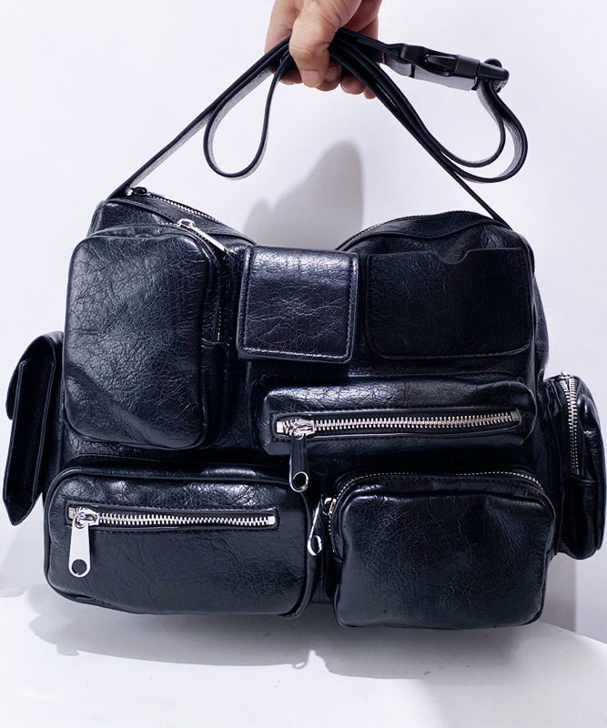 Casual  Black Asymmetrical Pockets Faux Leather Message Bag