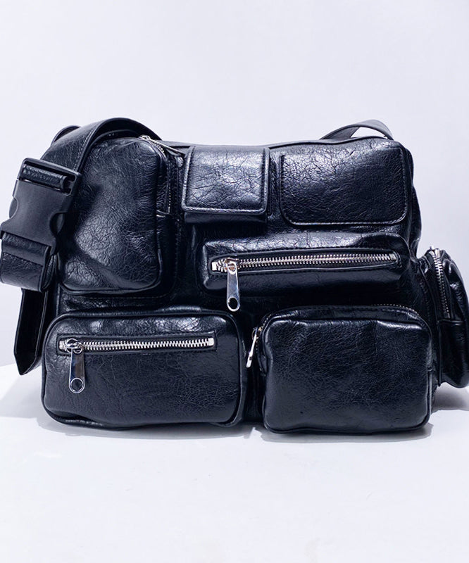 Casual  Black Asymmetrical Pockets Faux Leather Message Bag