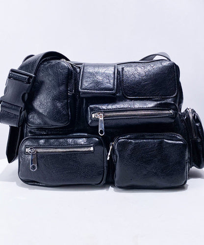 Casual  Black Asymmetrical Pockets Faux Leather Message Bag