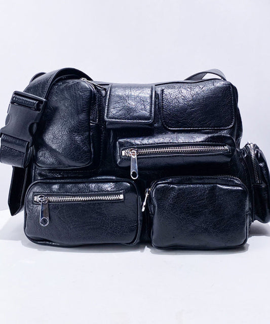 Casual  Black Asymmetrical Pockets Faux Leather Message Bag
