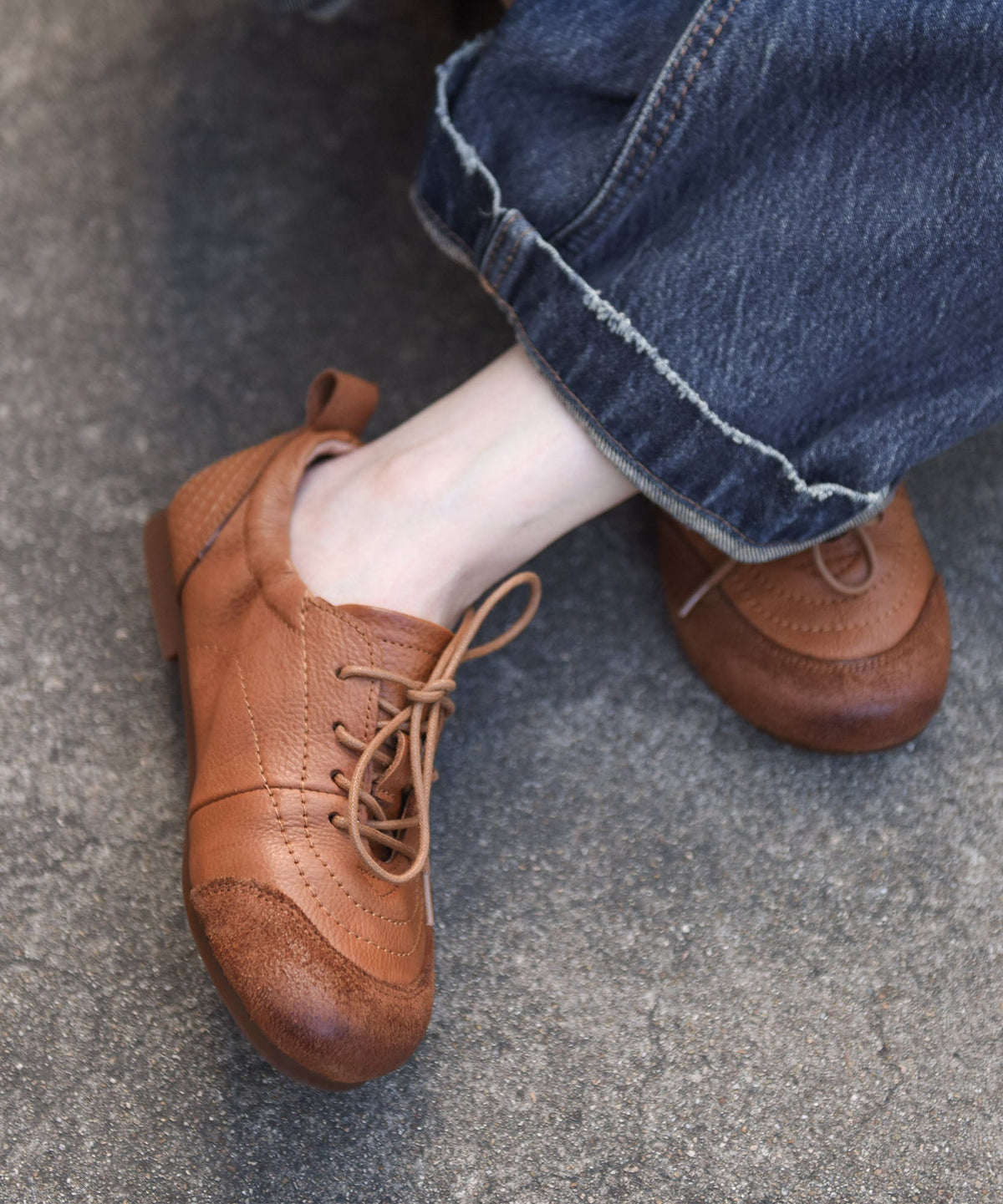 Casual Apricot Cowhide Leather Lace Up Splicing Flats