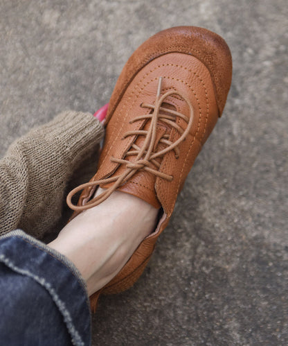 Casual Apricot Cowhide Leather Lace Up Splicing Flats
