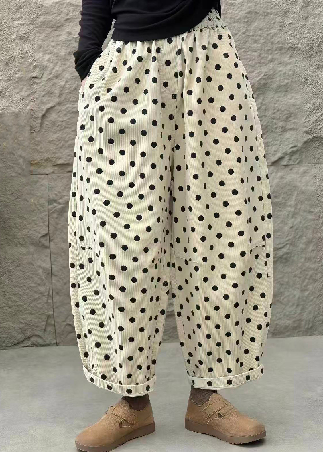 Casual Apricot Dot Pockets Corduroy Balloon Crop Pants Fall