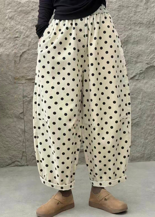 Casual Apricot Dot Pockets Corduroy Balloon Crop Pants Fall