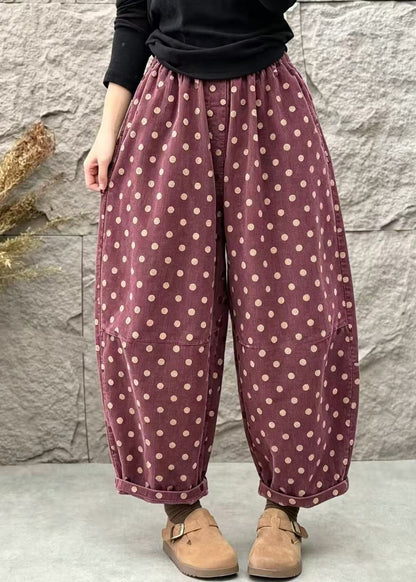 Casual Apricot Dot Pockets Corduroy Balloon Crop Pants Fall