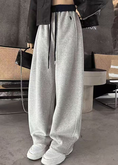 Casual Apricot Elastic Waist Warm Fleece Wide Leg Pants Winter