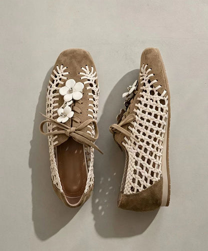 Casual Apricot Lace Up Floral Suede Splicing Hollow Out Flats Shoes