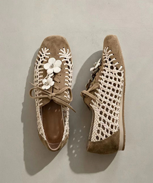Casual Apricot Lace Up Floral Suede Splicing Hollow Out Flats Shoes