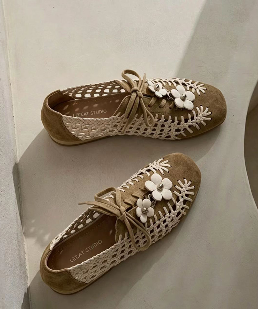 Casual Apricot Lace Up Floral Suede Splicing Hollow Out Flats Shoes