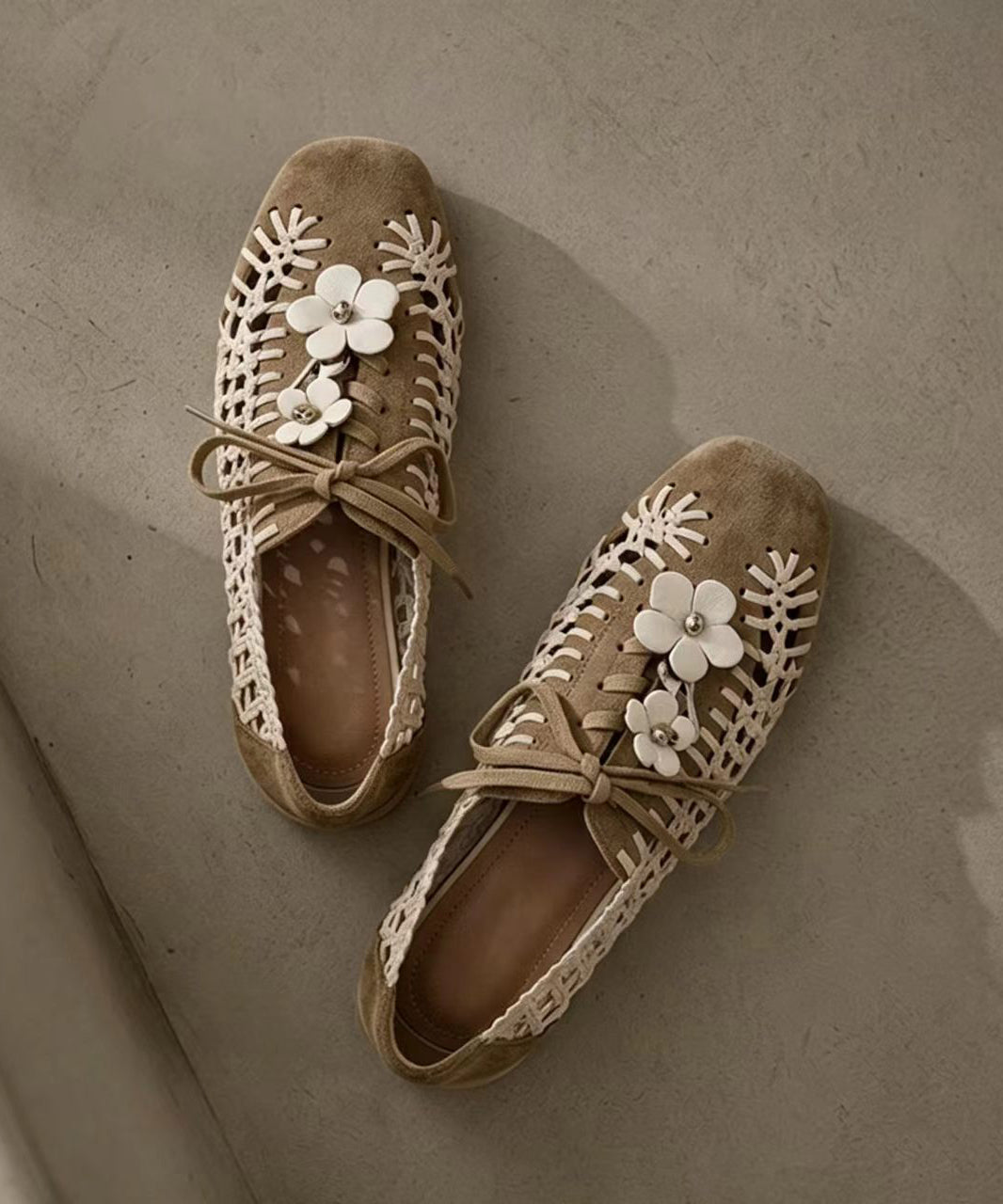 Casual Apricot Lace Up Floral Suede Splicing Hollow Out Flats Shoes