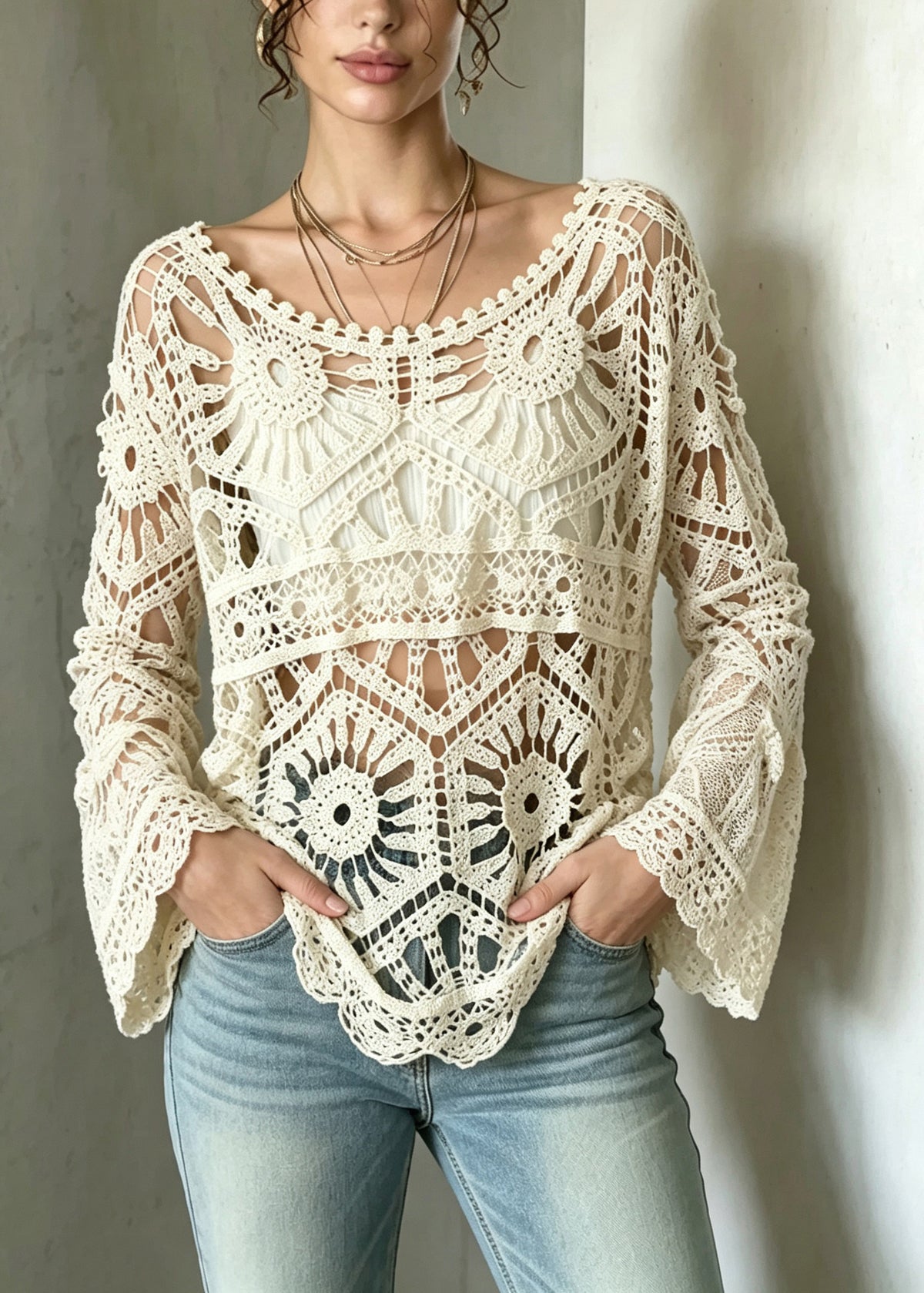 Casual Apricot O-Neck Hollow Out Crochet Shirts Fall