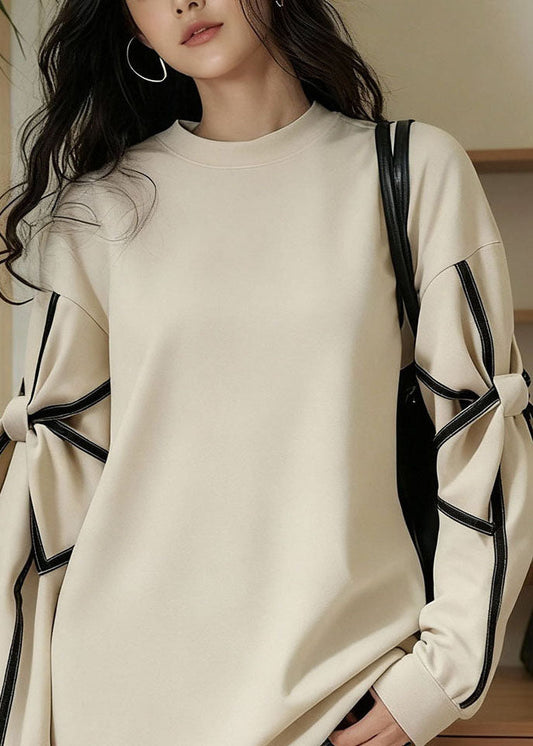 Casual Apricot O-Neck Patchwork Bow Tie Waist Sweatshirts Long Sleeve