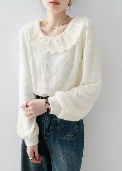 Casual Apricot Peter Pan Collar Nail Bead Lace Warm Fleece Shirts Fall
