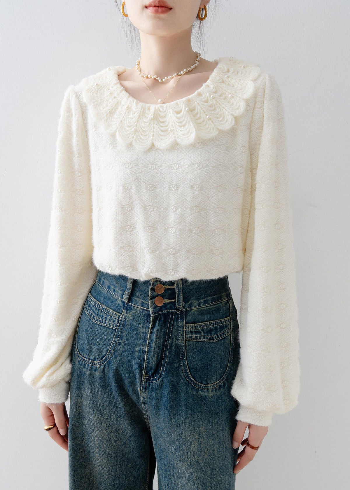 Casual Apricot Peter Pan Collar Nail Bead Lace Warm Fleece Shirts Fall