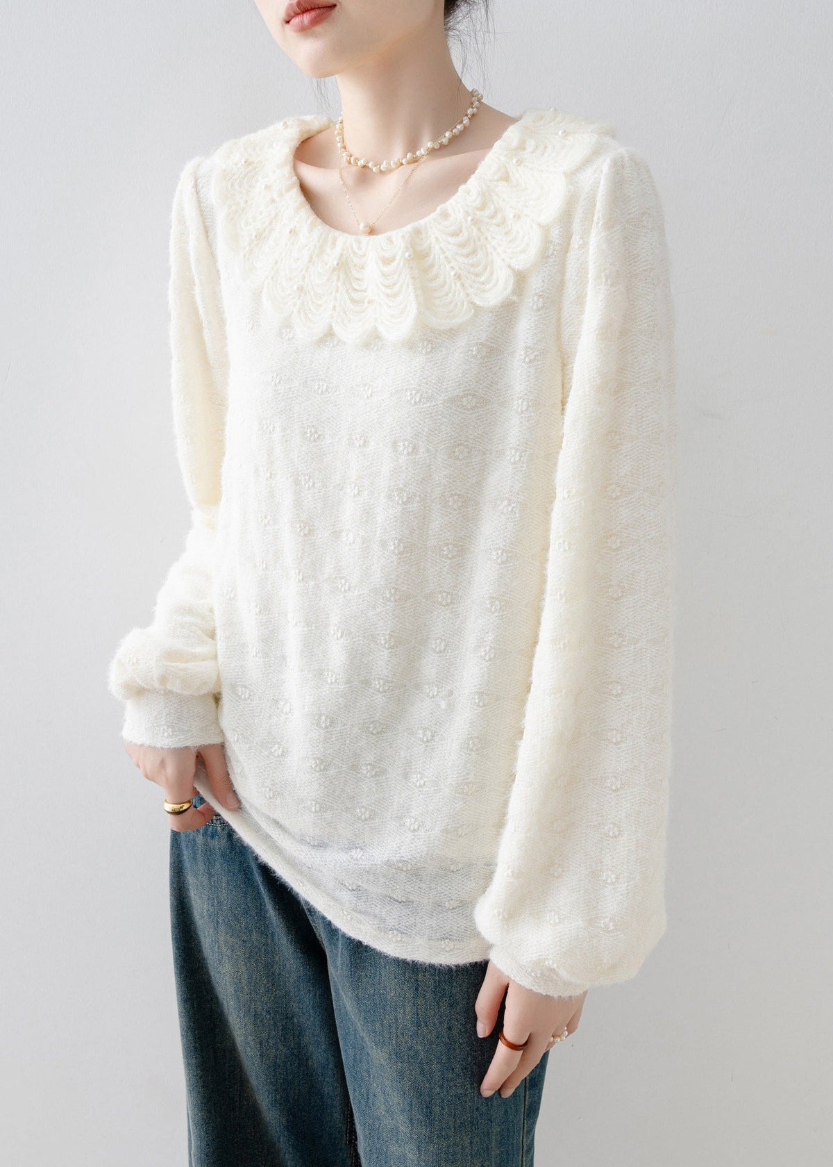 Casual Apricot Peter Pan Collar Nail Bead Lace Warm Fleece Shirts Fall
