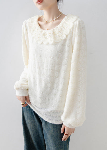 Casual Apricot Peter Pan Collar Nail Bead Lace Warm Fleece Shirts Fall