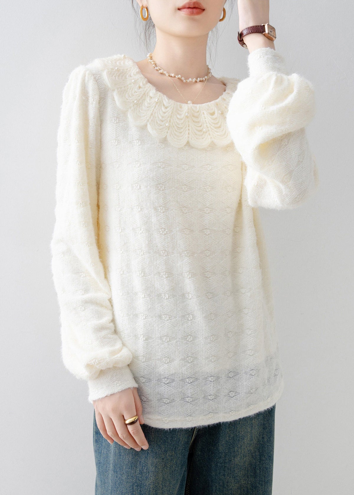 Casual Apricot Peter Pan Collar Nail Bead Lace Warm Fleece Shirts Fall