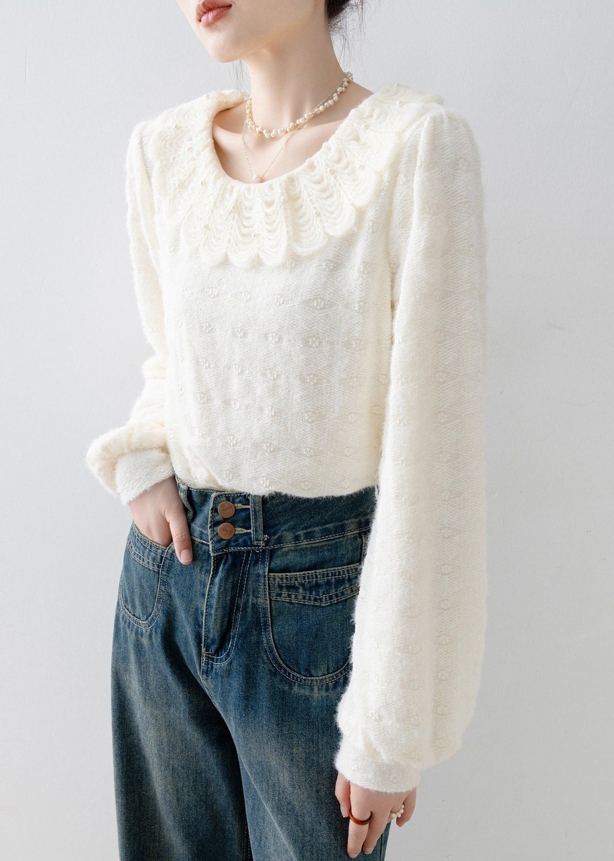 Casual Apricot Peter Pan Collar Nail Bead Lace Warm Fleece Shirts Fall