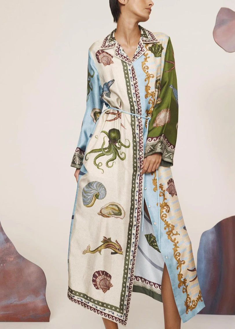 Casual Apricot Peter Pan Collar Print Button Long Shirts Dress Fall