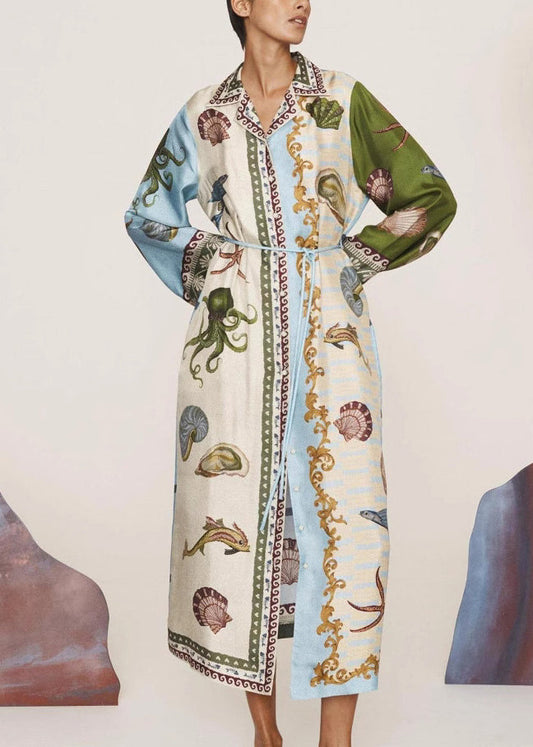 Casual Apricot Peter Pan Collar Print Button Long Shirts Dress Fall