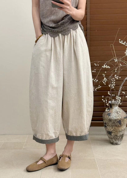 Casual Apricot Pockets Elastic Waist Patchwork Cotton Crop Pants Fall