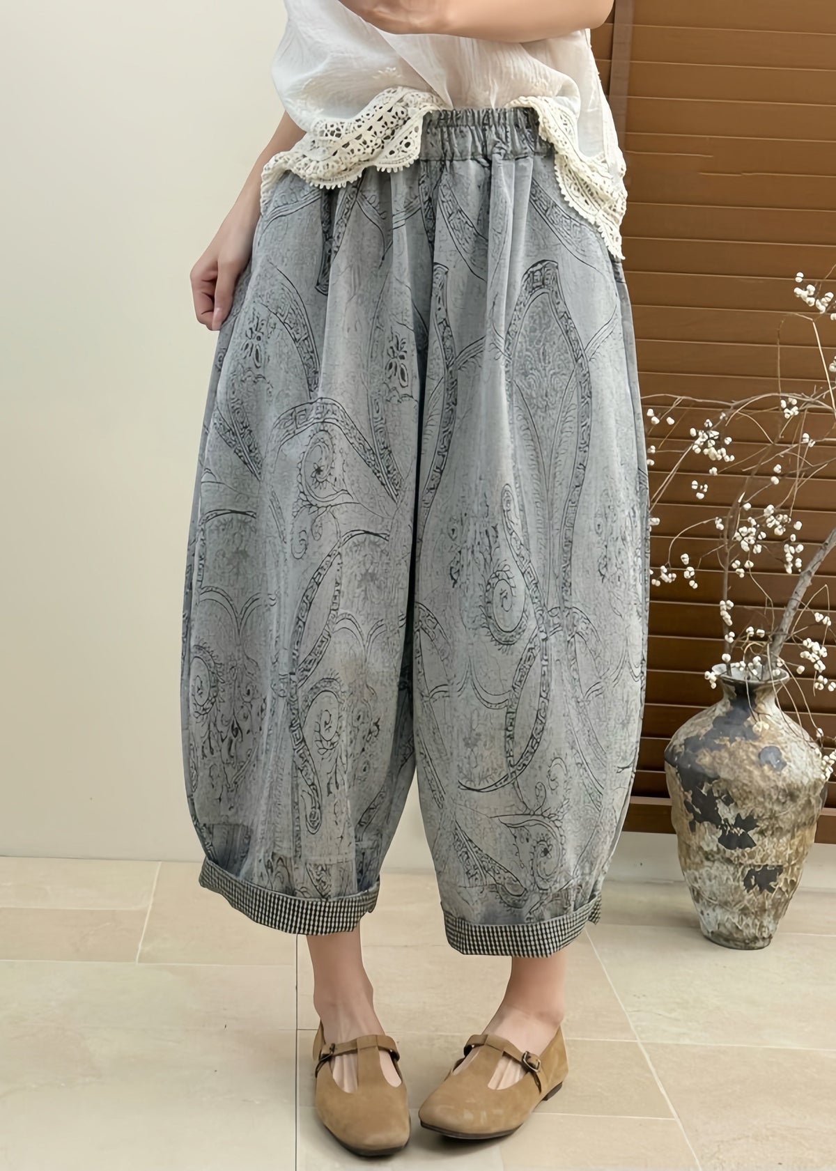 Casual Apricot Pockets Elastic Waist Patchwork Cotton Crop Pants Fall