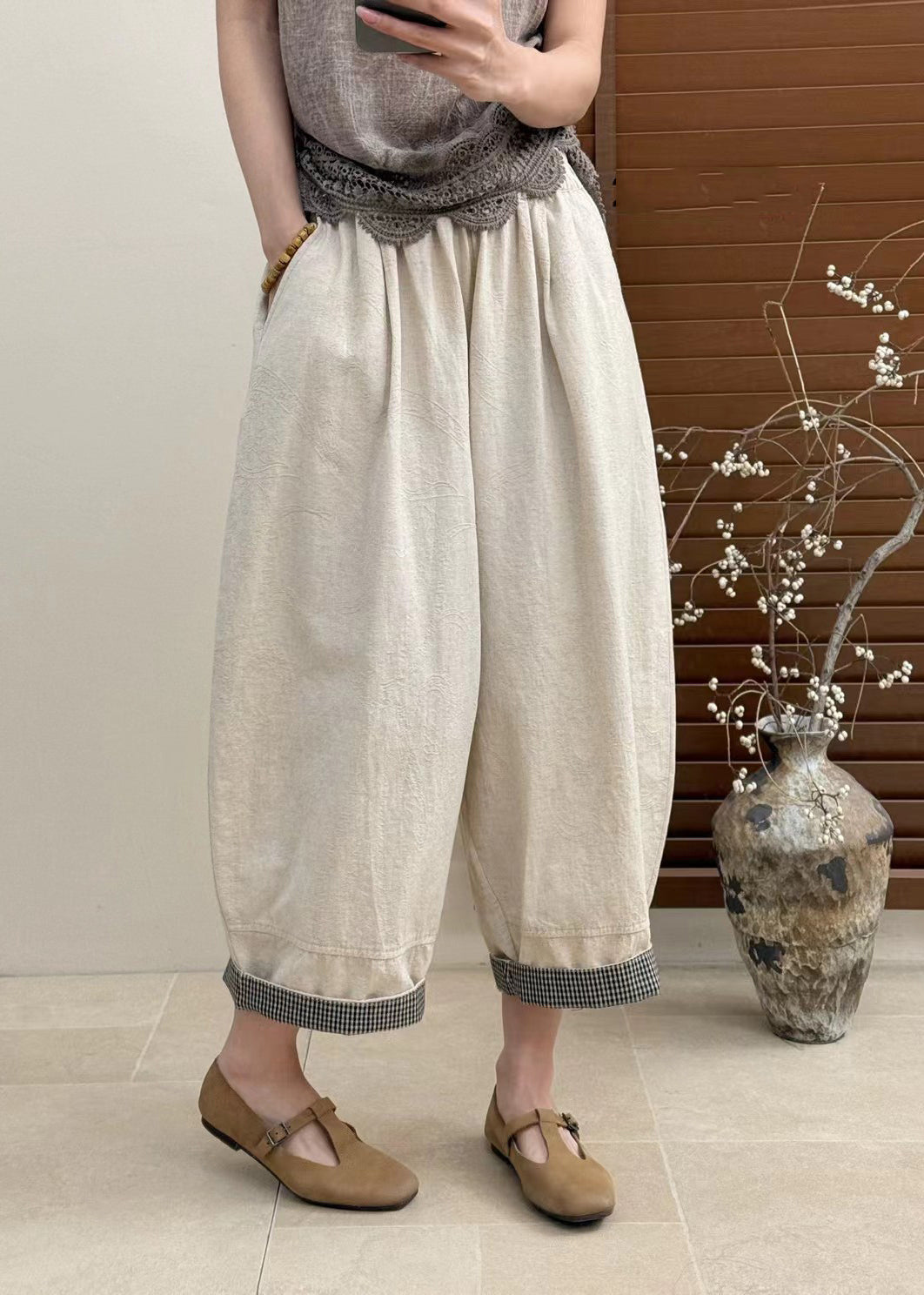Casual Apricot Pockets Elastic Waist Patchwork Cotton Crop Pants Fall