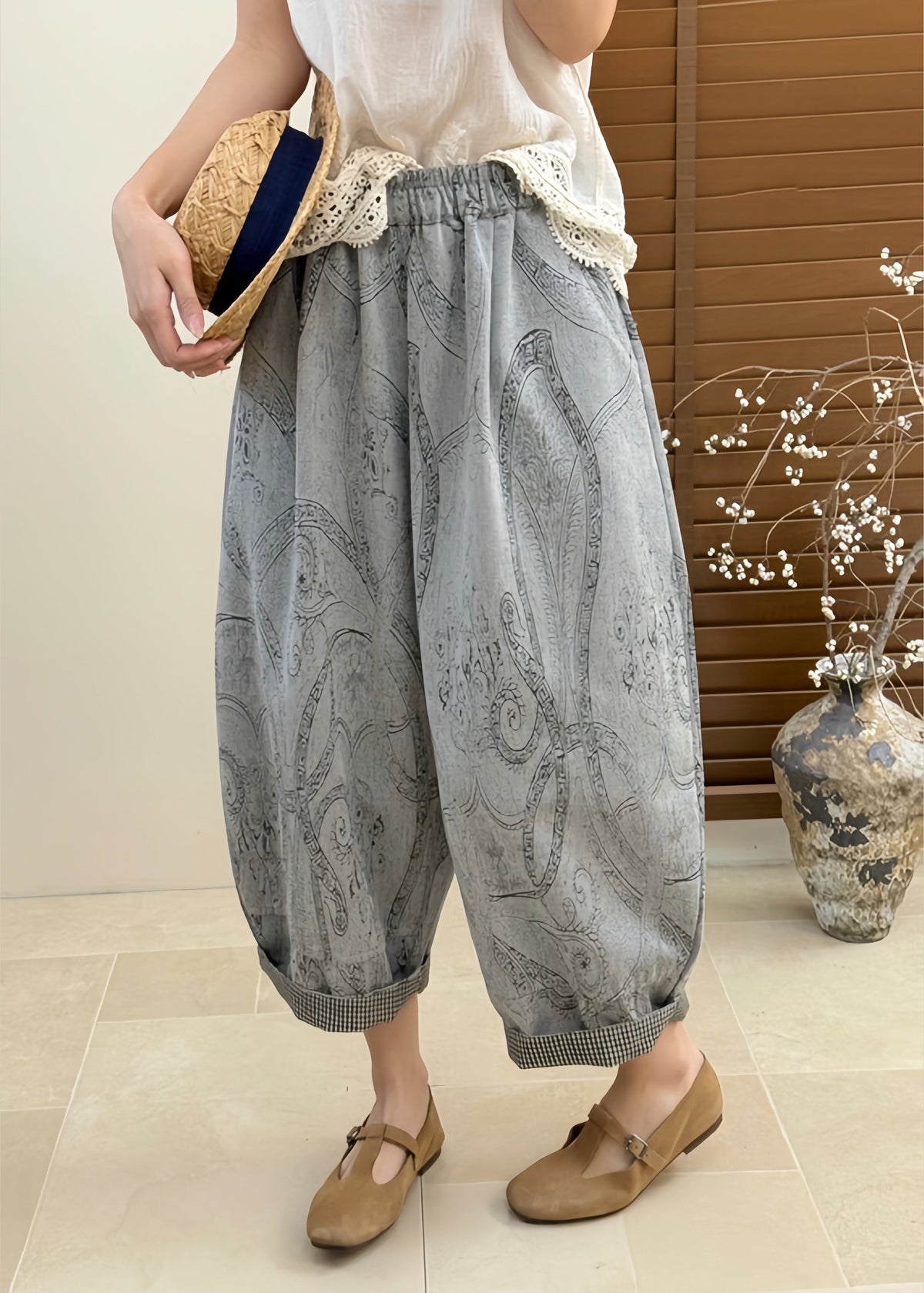 Casual Apricot Pockets Elastic Waist Patchwork Cotton Crop Pants Fall