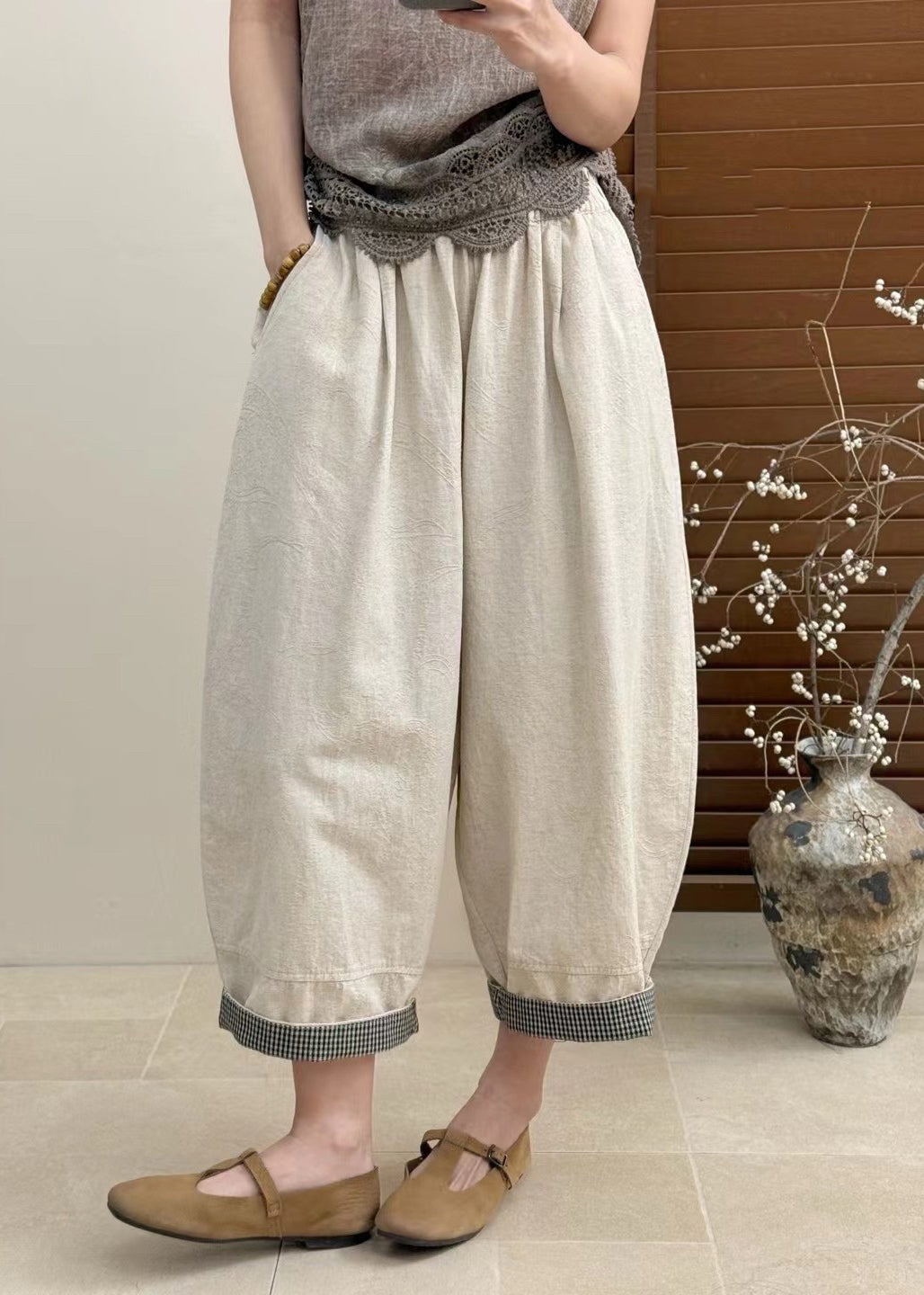 Casual Apricot Pockets Elastic Waist Patchwork Cotton Crop Pants Fall