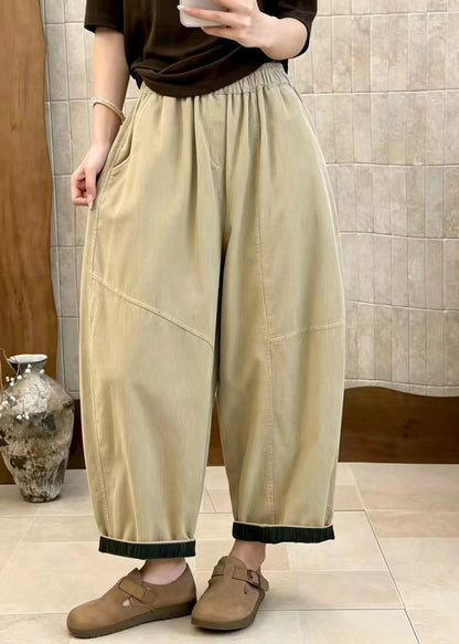 Casual Apricot Pockets High Waist Corduroy Crop Pants Fall