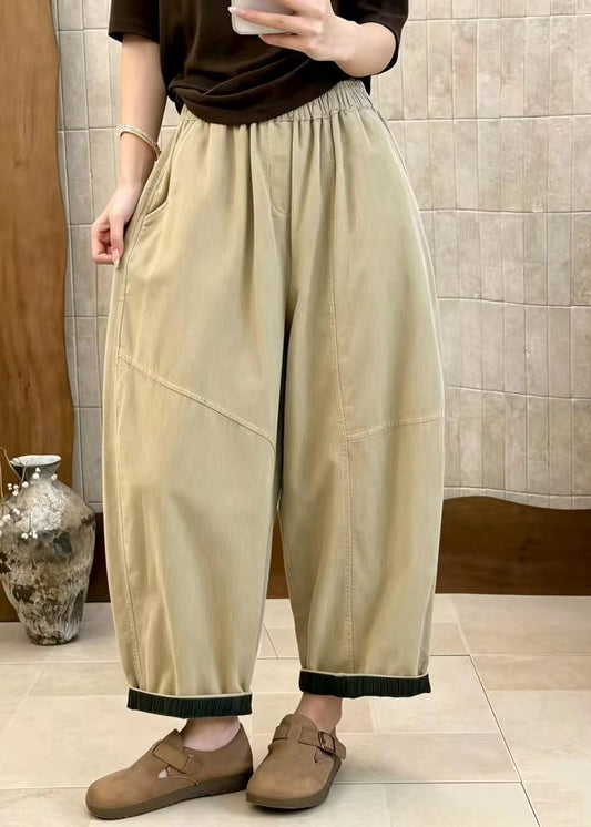 Casual Apricot Pockets High Waist Corduroy Crop Pants Fall