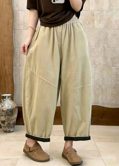 Casual Apricot Pockets High Waist Corduroy Crop Pants Fall
