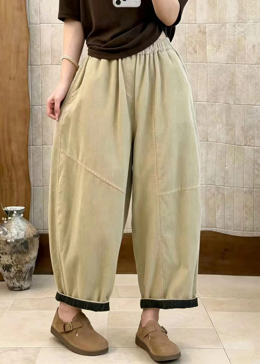 Casual Apricot Pockets High Waist Corduroy Crop Pants Fall