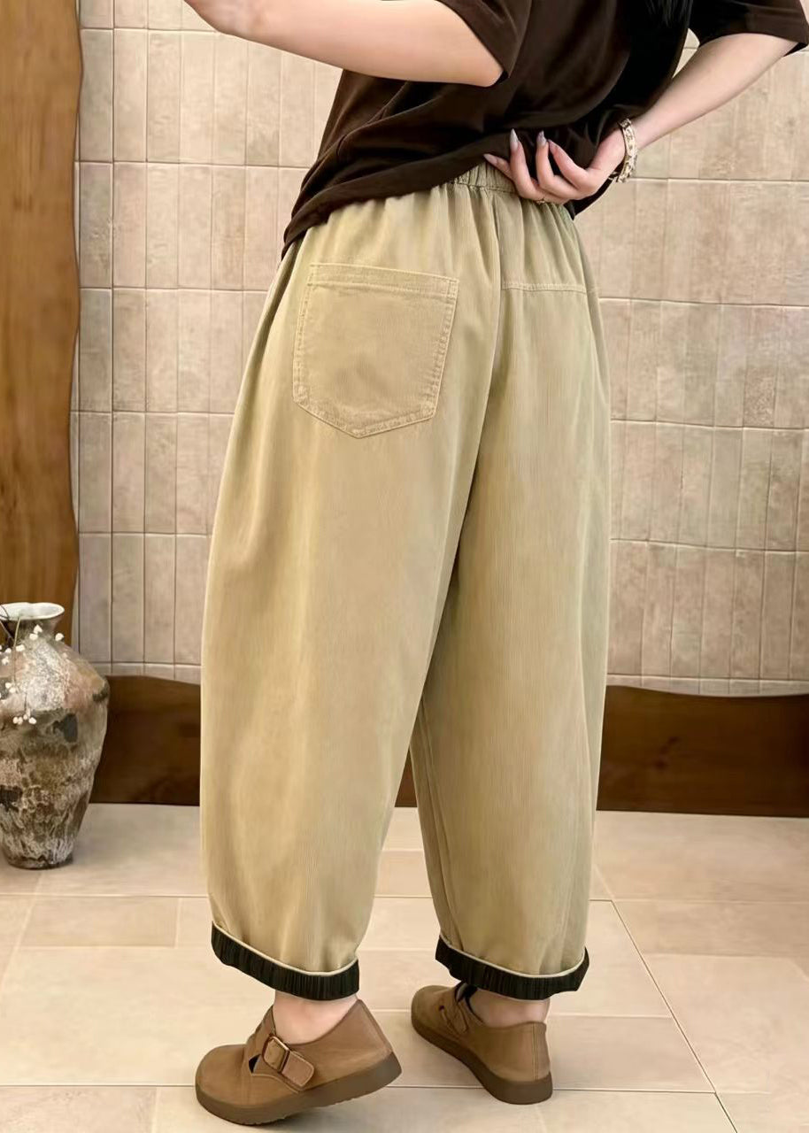 Casual Apricot Pockets High Waist Corduroy Crop Pants Fall