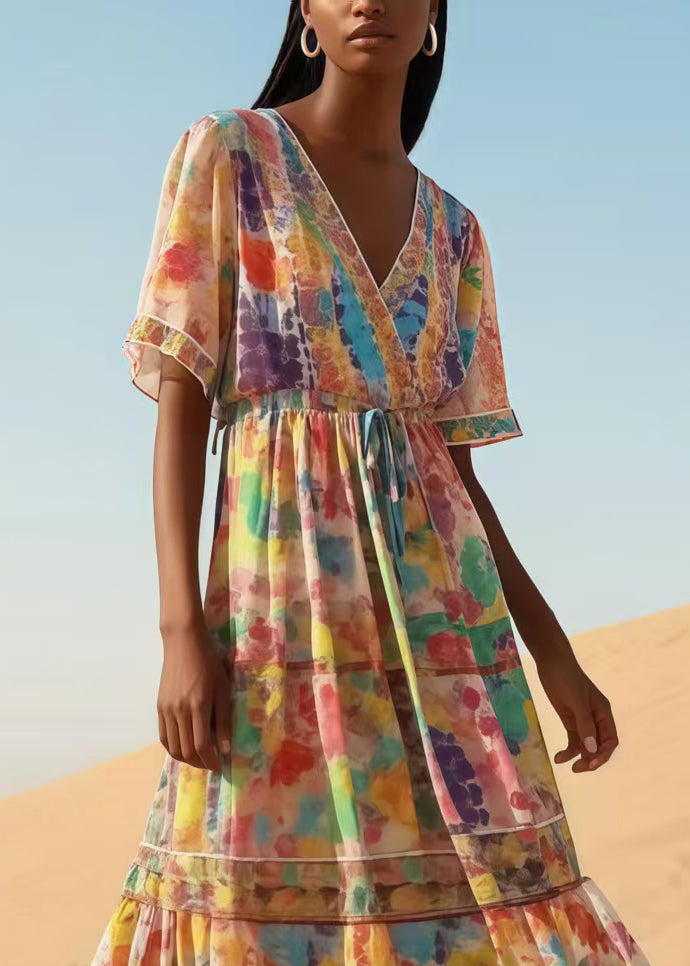 Casual Apricot Print Chiffon Maxi Dresses Summer