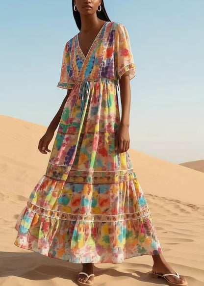 Casual Apricot Print Chiffon Maxi Dresses Summer