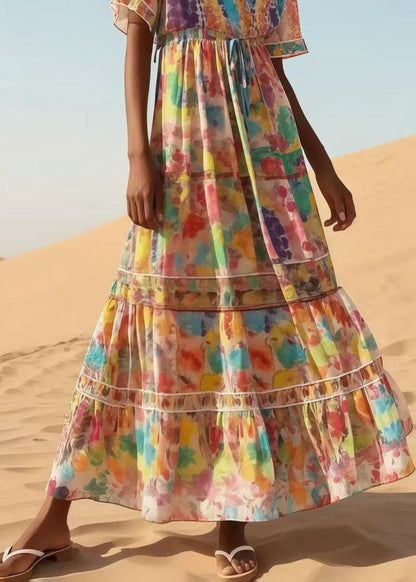 Casual Apricot Print Chiffon Maxi Dresses Summer