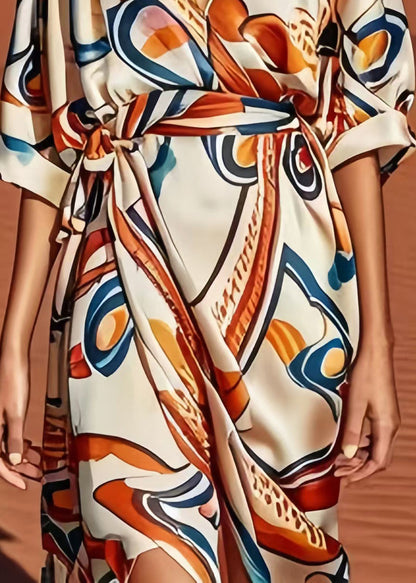 Casual Apricot Print Low High Design Silk Dress Summer