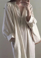 Casual Apricot Side Open Stand Collar Cotton Dresses Long sleeve