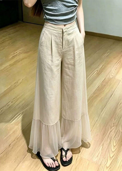 Casual Apricot Tulle Patchwork Cotton Straight Pants Summer