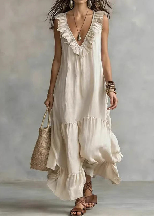 Casual Apricot V Neck Ruffled Patchwork Solid Maxi Dress Summer