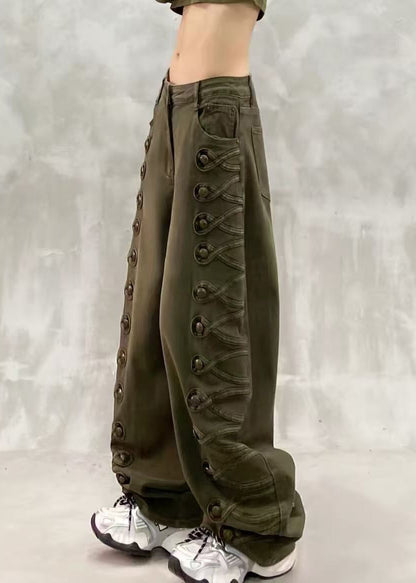 Casual Army Green High Waist Side Row Buttons Denim Curved Blade Pants Fall