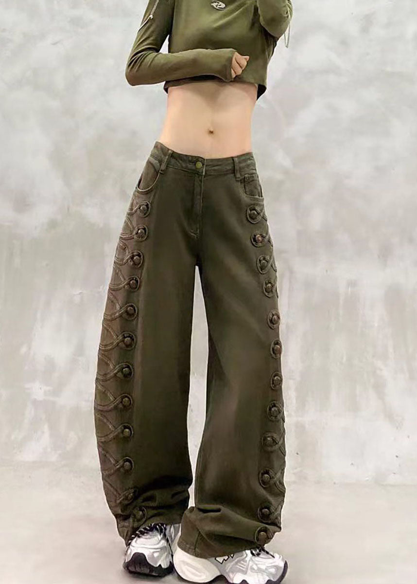 Casual Army Green High Waist Side Row Buttons Denim Curved Blade Pants Fall