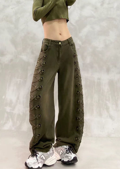 Casual Army Green High Waist Side Row Buttons Denim Curved Blade Pants Fall