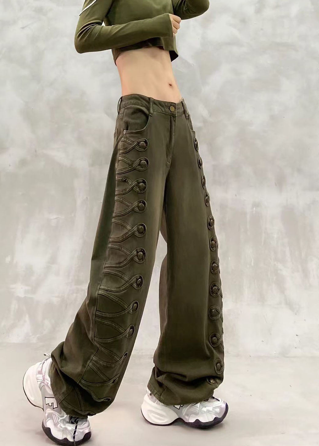Casual Army Green High Waist Side Row Buttons Denim Curved Blade Pants Fall
