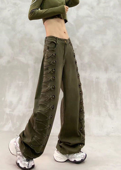 Casual Army Green High Waist Side Row Buttons Denim Curved Blade Pants Fall