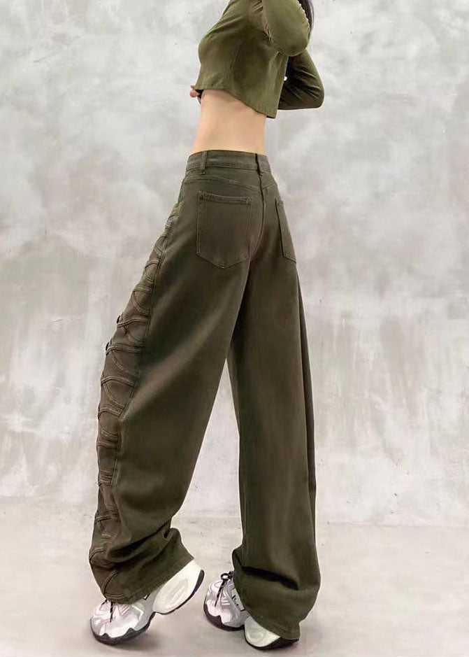 Casual Army Green High Waist Side Row Buttons Denim Curved Blade Pants Fall