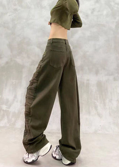 Casual Army Green High Waist Side Row Buttons Denim Curved Blade Pants Fall